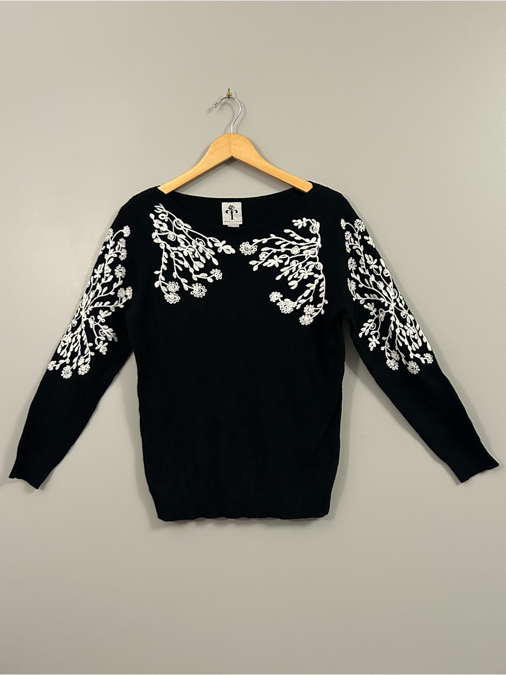 Rain + Rose Black Sweater with White Floral Embroidery Women's Sweater
